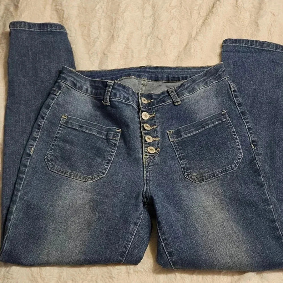 Women Medium Blue Button Fly Skinny Jeans Front Pocket Stretch Women's Sz M - Picture 5 of 10